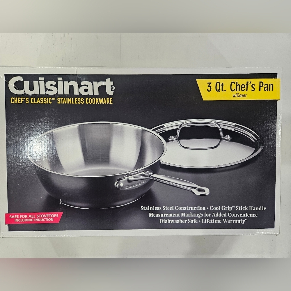 Cuisinart 3 Qt Chefs Pan w/ Lid. Stainless Cookware Cool Grip w/ Measurements